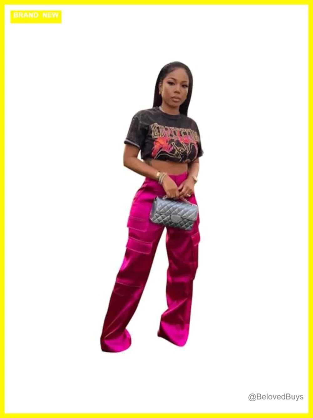 Satin Cargo Pants High Waisted Wide Leg Y2K Streetwear Baggy Pants Multi-Pockets